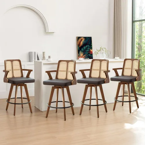 Vista 35 de Juego de 2 Taburetes de Mostrador - Taburetes Giratorios de 27 Pulgadas con Respaldo de Ratán, Brazos Curvos, Asiento Tapizado, Patas de Bambú Nogal