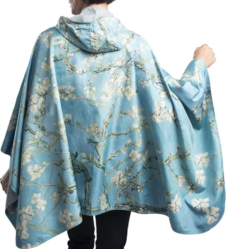 Vista 4 de RainCaper Cherry Blossoms Poncho de lluvia para mujer con capucha reversible Flores de cerezo