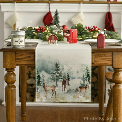Vista 7 de Artoid Mode Camino de mesa de Navidad con copos de nieve en acuarela, ciervos, árboles, copos de nieve, Navidad, vacaciones, cocina, decoración