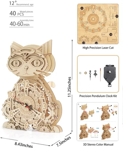 Vista 4 de Rompecabezas 3D para adultos Kit modelo Reloj Gato Reloj de madera para escritorio para niños Decoración para regalo de cumpleaños/Día de Navidad