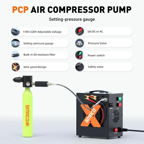 Vista 2 de Compresor de aire PCP 4500Psi/30Mpa Compresor de aire de alta presión para tanque de paintball/buceo, sin aceite, sin ruido y apagado automático