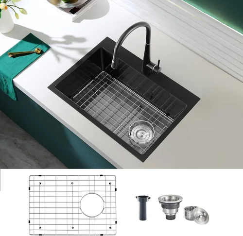 Vista 25 de Fregadero de barra empotrable de 13 × 15 pulgadas negro - Fregadero de cocina pequeño de montaje superior de un solo cuenco, hecho a mano de acero