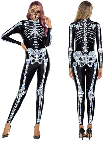 Vista 2 de KatchOn Disfraz de esqueleto plateado - Body de esqueleto para mujer para Halloween truco o trato