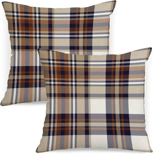 Vista 22 de AOFANGGO - Juego de 2 fundas de almohada de otoño decorativas de 16x16 pulgadas. Fundas de almohada de cuadros naranja y gris, cojines de lino