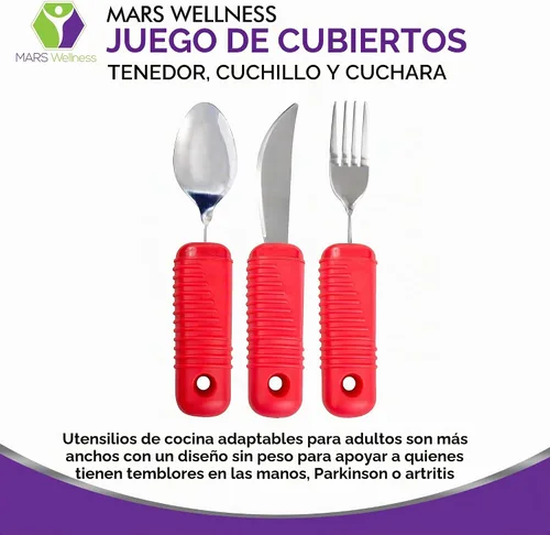 Vista 2 de Juego de utensilios rojos de fácil agarre de 3 piezas, tenedor flexible