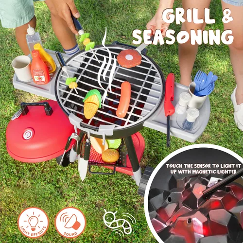 Vista 3 de JOYIN Juego de 34 juguetes de cocina y 32 piezas de herramientas para niños, juego de parrilla de barbacoa de juguete, juego de juguetes de cocina