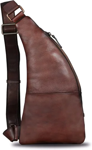 Vista 3 de Bolso bandolera de cuero genuino para hombre, estilo vintage, hecho a mano, mochila de senderismo, mochila retro cruzada, Marrón claro, Mediana
