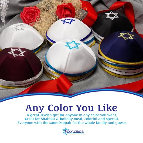 Vista 5 de Paquete de 10 piezas Hq 7.9 in Satin Kipá con cuerda de plataoro+Estrella de David para hombres y niños, sombrero Yamaka de Israel, Negro-Plata