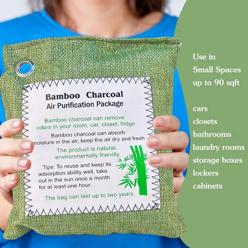 Vista 3 de Bolsa purificadora de aire de carbón de bambú, absorbente de olores de carbón activado, absorbente de humedad, ambientadores de automóvil Verde