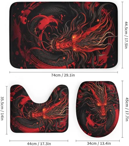 Vista 3 de Juego de 4 cortinas de ducha clásicas de dragón, animales mitológicos, criatura roja fuego, juego de baño con cortina de ducha, alfombra para tapa