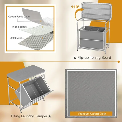 Vista 4 de COSTWAY Cesta de lavandería con tabla de planchar, carrito de lavandería con 3 secciones inclinables con 3 bolsas extraíbles separadas, ruedas