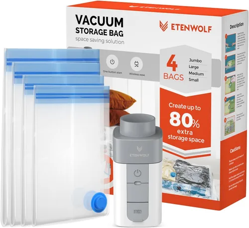Vista 17 de ETENWOLF Bolsas de almacenamiento al vacío para viajes con bomba inalámbrica recargable, bolsas de sellado al vacío para ropa y viajes, bolsas