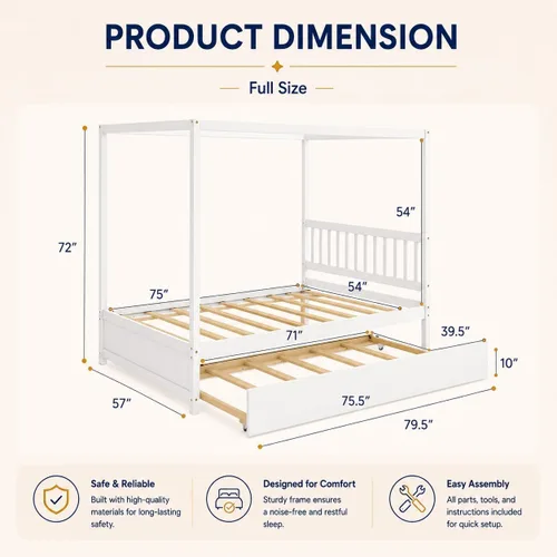Vista 9 de NAFORT Cama con dosel de tamaño matrimonial con nido, marco de madera maciza para niños y adolescentes, soporte resistente de 600 libras, cama