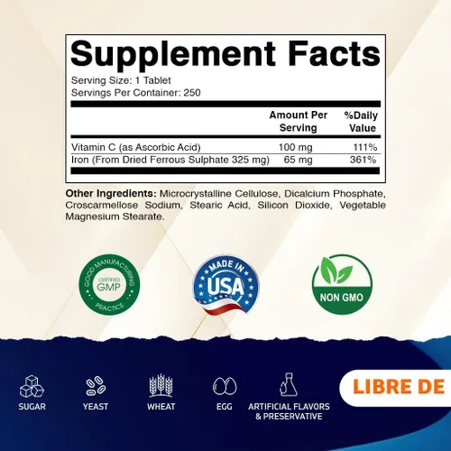 Vista 2 de Vitamatic Sulfato ferroso 325 mg con vitamina C 100 mg (65 mg de hierro elemental) – Suplemento de hierro de alta potencia – Sin