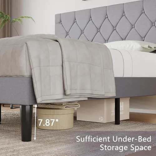 Vista 8 de VECELO Base de cama tamaño Queen con cabecera capitoné con botones, plataforma tapizada con soporte de listones de madera, no necesita somier