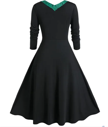 Vista 2 de QFVZHY Vestidos de otoño vintage para mujer cuello redondo a cuadros retazos con botones manga larga