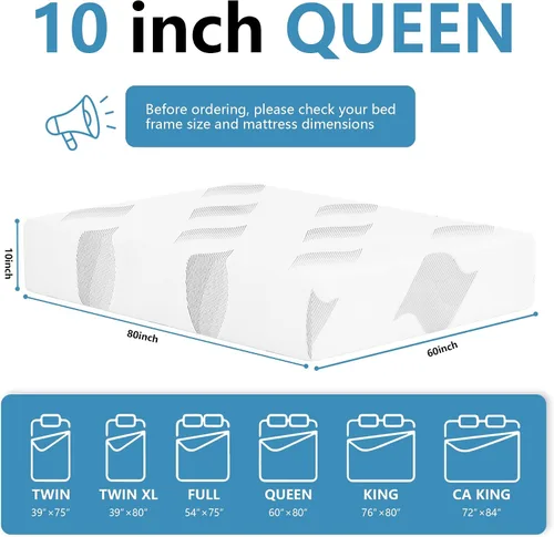 Vista 9 de Colchón Queen de 10 pulgadas, de espuma viscoelástica de gel refrescante, con funda extraíble y lavable, colchón Queen en una caja, firmeza media