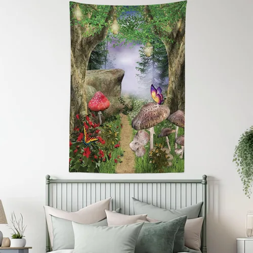 Vista 5 de Ambesonne Tapiz de hongos, camino de la naturaleza encantada, mariposas, paisaje, rocas, decoración para colgar en la pared para dormitorio, sala