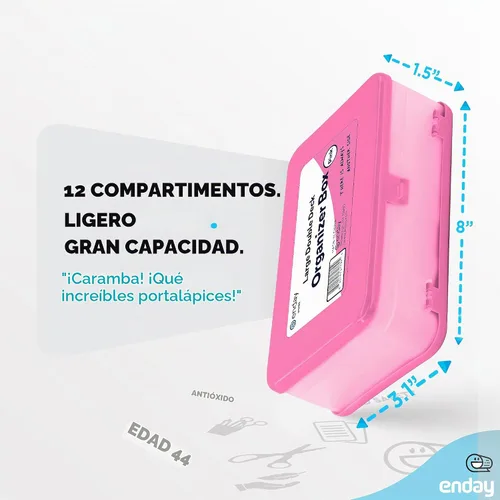 Vista 5 de Enday Caja de Lápices Rosa, Caja de Plástico de Gran Capacidad de Doble Nivel con 12 Compartimentos, Caja de Lápices de Plástico con Tapa de Cierre