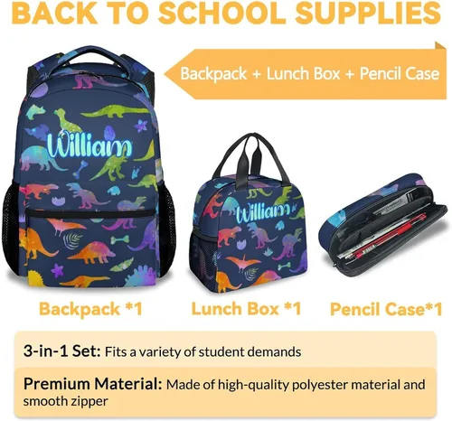 Vista 3 de Mochila de dinosaurio personalizada con lonchera para niños y niñas, juego personalizado de 3 mochilas escolares a juego, bonita bolsa colorida