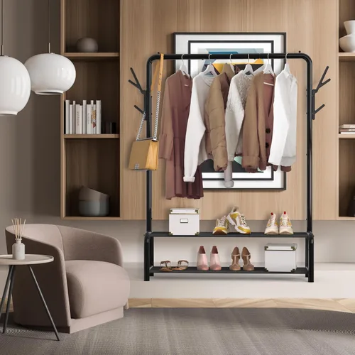 Vista 4 de Simple Houseware Perchero de Ropa Independiente de 52 Pulgadas con Estantes de Almacenamiento y Ganchos para Abrigos/Sombreros, Negro