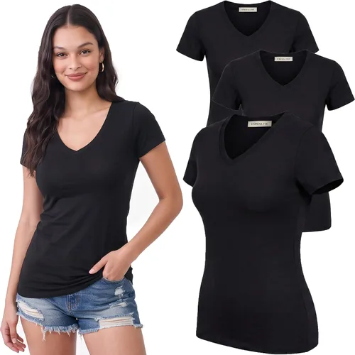 Vista 117 de Emmalise Camiseta de manga corta para mujer, cuello en V, tallas junior y plus