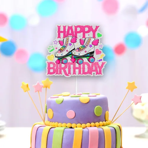 Vista 3 de Skate Happy Birthday Cake Topper Wing Roller Skate - Juego temático de cumpleaños para decoración de pasteles para niños o niñas, decoración retro