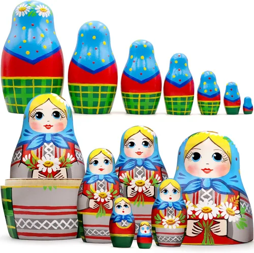 Vista 2 de AEVVV Juego de 7 muñecas rusas de anidación - Muñeca Matryoshka en vestido tradicional bielorruso - Muñeca rusa con acianos, espiguillas y flores