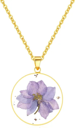 Vista 88 de Forget-Me-Not and Queen Anne's Lace Pressed Wildflower Necklace Birth Month Real Flower Necklace Gold/Silver Pressed Flower Jewelry