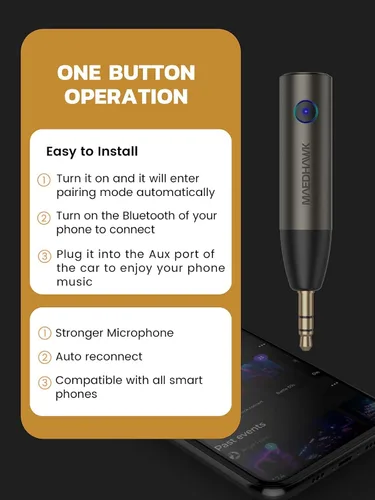 Vista 5 de MaedHawk Adaptador AUX Bluetooth 5.4 para coche, receptor de audio de 0.1