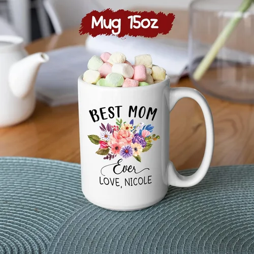 Vista 6 de Taza de café con nombre personalizado "Best Mom Ever", regalos para cumpleaños, regalos de niños, taza de café floral personalizada, regalo