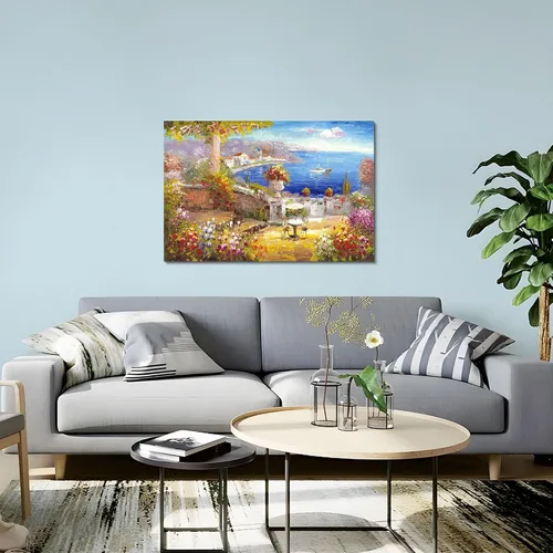 Vista 3 de Arte de pared en lienzo mediterráneo, arte de pared de Italia, arte de café italiano y de París, pinturas al óleo, imagen de paisaje marino