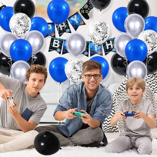 Vista 3 de Juego de globos de color azul real, negro y plateado metálico, 122 unidades, guirnalda de arco de globos azul real y negro para videojuegos