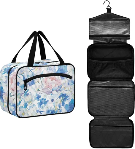 Vista 2 de Acuarela Art Elegante bolsa de viaje colgante de flores azules con gancho, bolsas lavables de diseñador para hombres para viajes esenciales