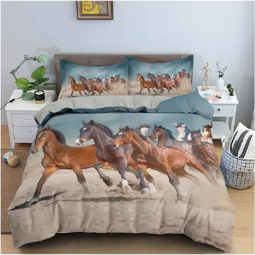 Vista 2 de Juego de ropa de cama 3D de caballo tamaño Queen, funda de edredón de cama/fundas de edredón, ropa de cama, fundas de almohada, textiles