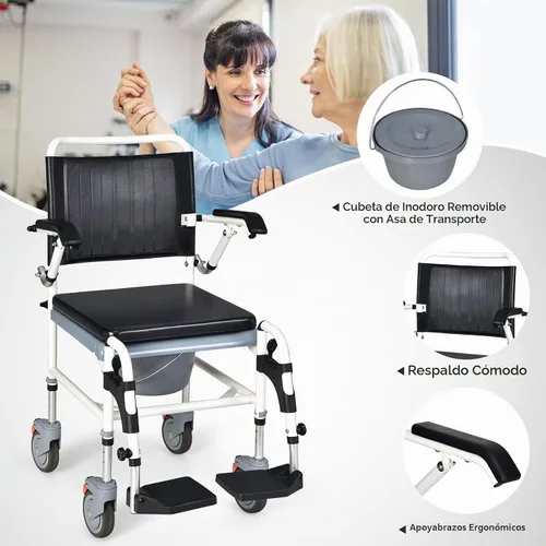 Vista 3 de Giantex Silla de ruedas 4 en 1 para inodoro con brazos, 4 ruedas bloqueables, cubo desmontable, altura ajustable y reposapiés abatible, silla