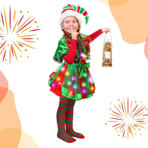 Vista 5 de Conjunto de 4 piezas de disfraz de Navidad para niñas, falda tutú iluminada, medias a rayas, diademas de reno LED, collar para espectáculos