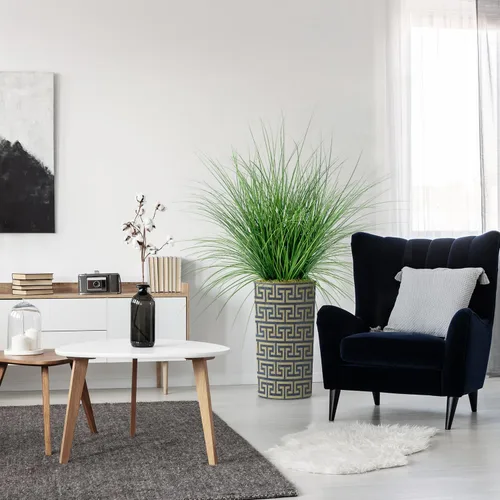 Vista 11 de Árbol artificial en macetero con patrón geométrico moderno, palmera tropical areca artificial de seda para decoración del hogar en interiores