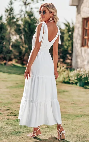 Vista 4 de PRETTYGARDEN Vestido largo de verano con cuello cruzado para mujer, sin mangas, escalonado, con tirantes fruncidos, para la playa, vestido largo