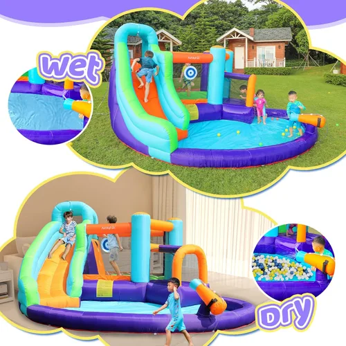 Vista 5 de Doctor Dolphin - Casa inflable de rebote con tobogán acuático, casa inflable para niños grandes, tobogán acuático para patio trasero, parque