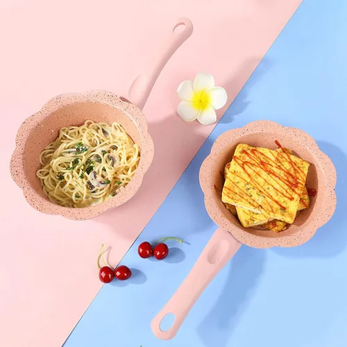Vista 8 de Alvinlite Sartén antiadherente, mini sartén rosa para leche para bebés, juego de utensilios de cocina multifunción con tapa transparente para cocina