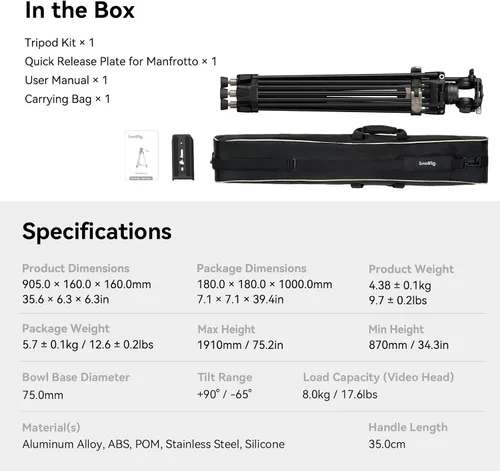 Vista 9 de SmallRig AD-80 FreeBlazer - Sistema de trípode de video resistente, 75 pulgadas de alto, cabezal fluido, ajuste de altura de un solo paso, placa QR