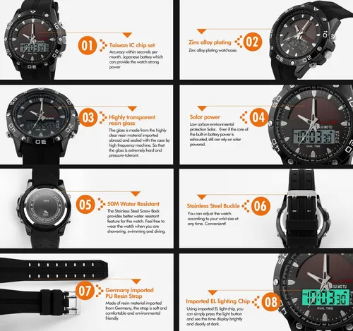 Vista 2 de PASNEW Men's Watch,Solar Watch,Large Dial Dual Display Watch,Multifunction Waterproof Digital Watch,Men's Wrist Watches