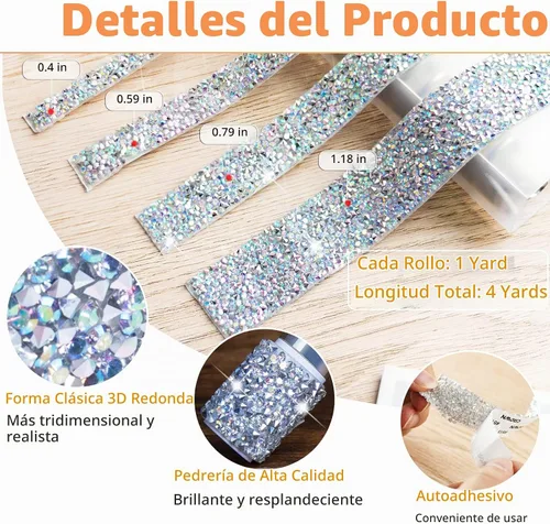 Vista 2 de 4 rollos de cinta de diamantes de imitación de cristal, cinta autoadhesiva con diamantes de imitación, envoltura de diamantes para manualidades