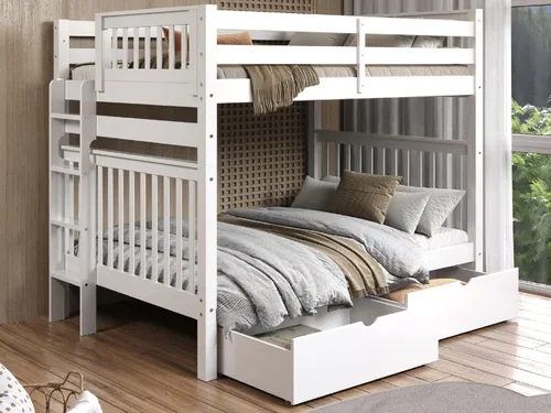 Vista 9 de Bedz King Literas de estilo misión matrimonial sobre tamaño matrimonial con escalera lateral y 2 cajones debajo de la cama, color blanco