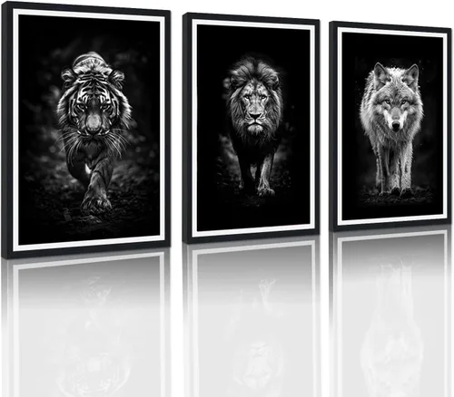 Vista 13 de 3 piezas modernas de lienzo de león de animales salvajes, pinturas de retratos de familia de leones, decoración de pared, obras de arte de sala
