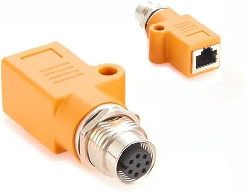 Vista 16 de Elecbee Adaptador de mamparo M12 a RJ45 impermeable M12 A Código 8 Pin hembra a RJ45 Jack de ángulo recto naranja