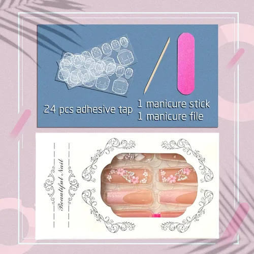 Vista 5 de Uñas postizas a presión de mariposa, uñas postizas largas de punta francesa con diseño de ataúd rosa, diamantes de imitación de flores, pegamento