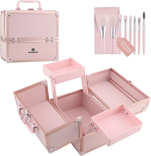 Vista 8 de Estuche de Maquillaje 2 Bandejas Caja Organizadora de Maquillaje Estuche de Maquillaje de Viaje Portátil con Cerradura Organizador de Almacenamiento