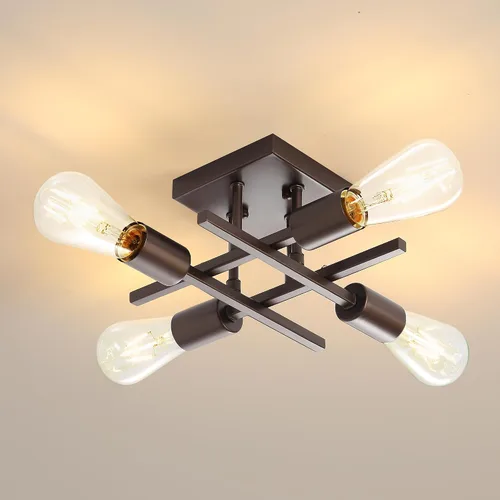 Vista 10 de Lámpara industrial de techo semiempotrada de 4 luces, lámpara de araña negra de granja, moderna lámpara de techo Sputnik con base E26 para cocina